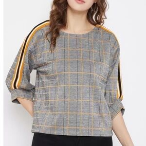 MADAME Women's Medium Grey Orange Plaid Academia Boxy 3/4 Balloon Sleeve Top‎